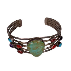 Turquoise and silver cuff bracelet flecks teardrop cabochon small gems amethyst